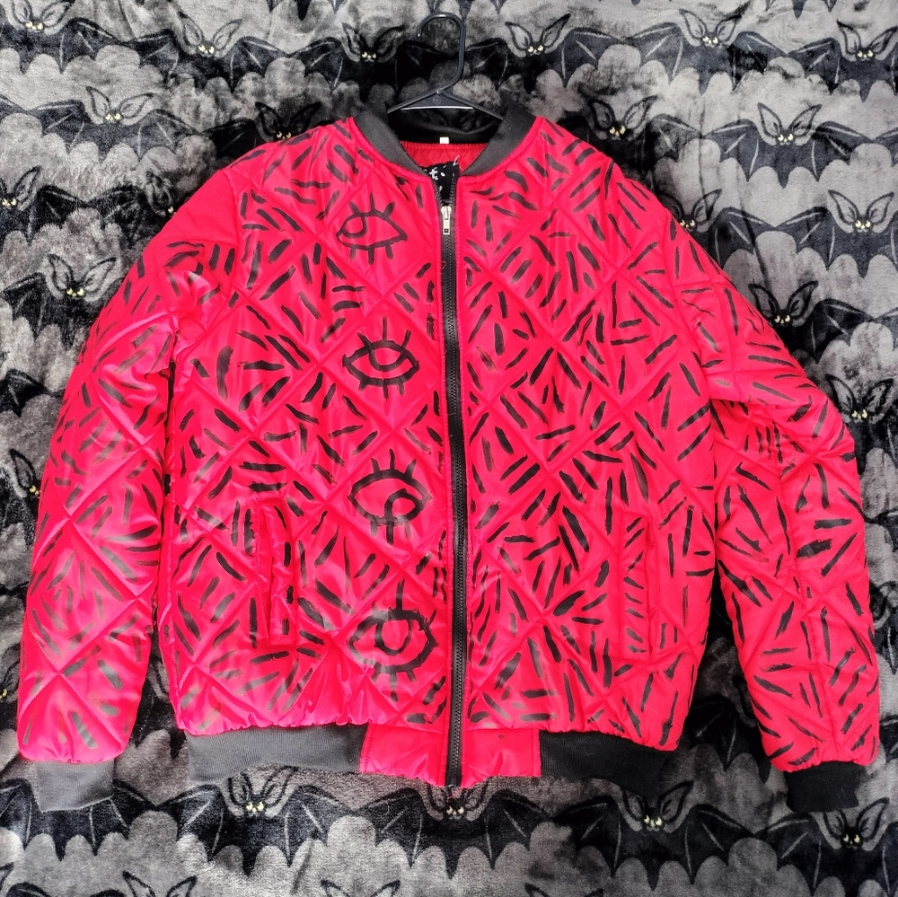 Handpainted Eye Hot Orange Bomber Jacket